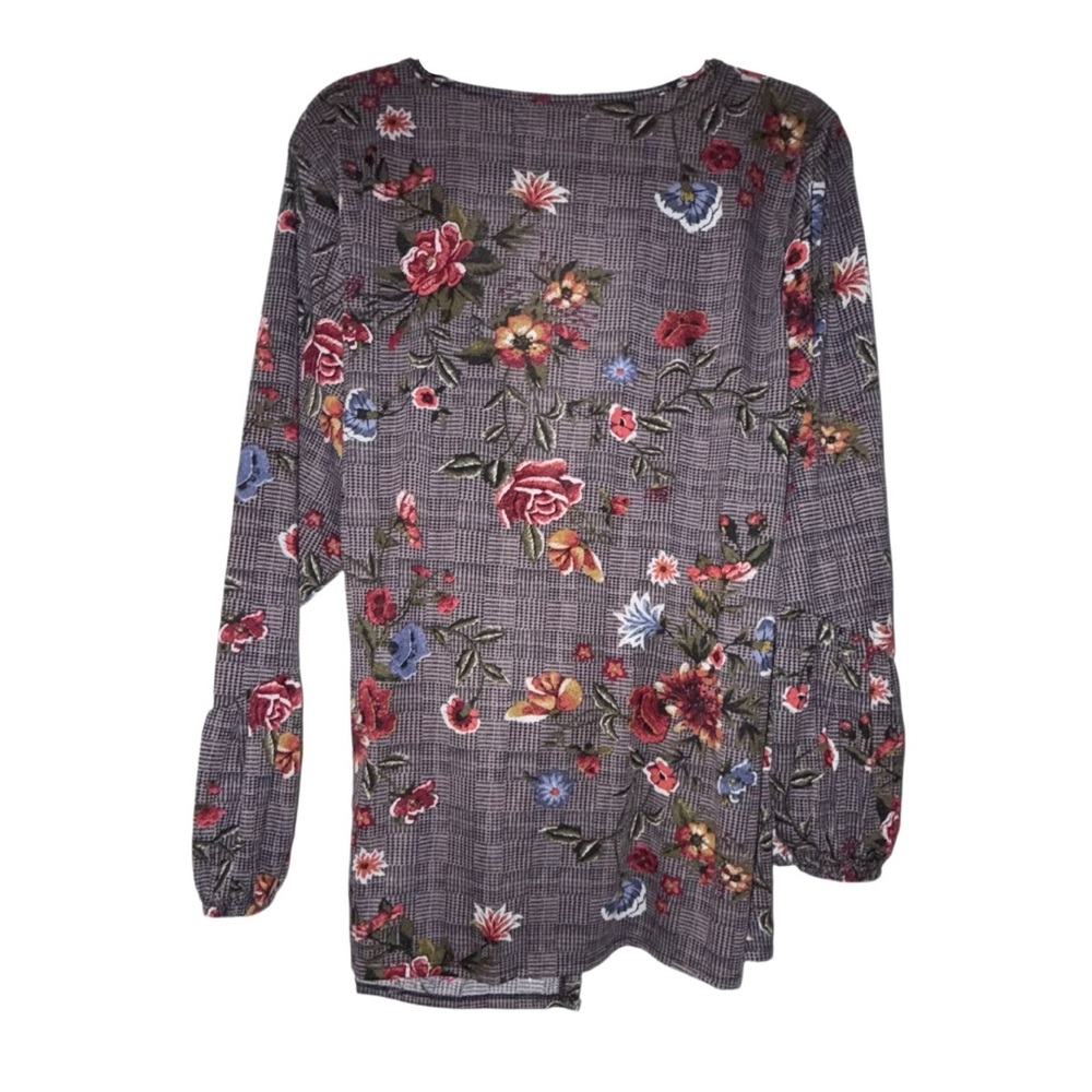 New York Laundry 2X Wrap Top Brown Plaid Floral Long Sleeve Tie Front NWT - Picture 4 of 7